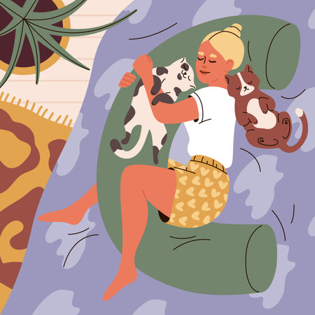 Girl and cats sleeping together. Young woman asleep on orthopedic pillow and cuddling her cats. Lifestyle of cat owner, pet therapy, animals for emotional support. Vector flat illustration.のイラスト素材