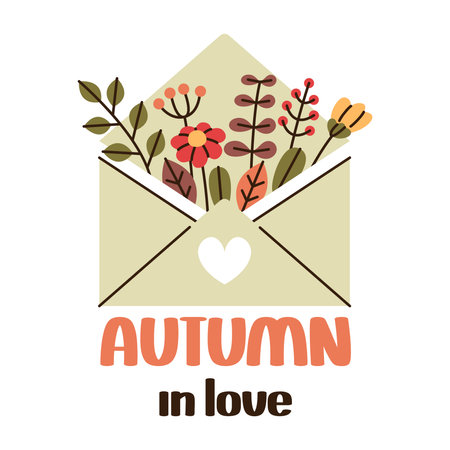 Autumn leaves, twigs and flowers are enclosed in envelope with heart. Inscription autumn in love. Vector poster, illustration, coverのイラスト素材
