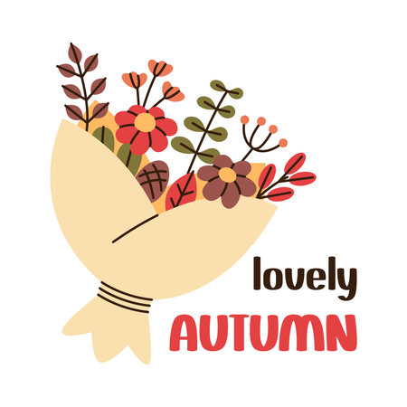 Bouquet with autumn leaves, flowers and the inscription lovely autumn. Vector flat illustration.のイラスト素材
