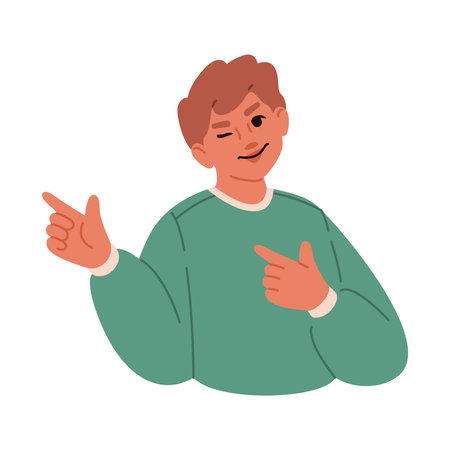 Smiling young man winking and pointing with fingers. Happy teen showing check point with index fingers. Vector illustration isolated on white backgroundのイラスト素材