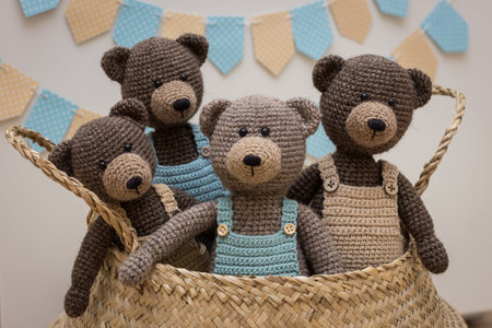 Knitted handmade toys.Crocheted yarn and wool toys.Teddy bears from yarn. Handmade toys for children.の写真素材