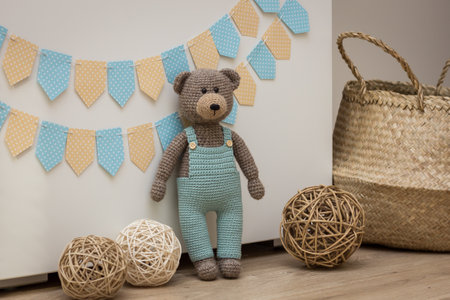 Knitted handmade toys.Crocheted yarn and wool toys.Teddy bears from yarn. Handmade toys for children.の写真素材