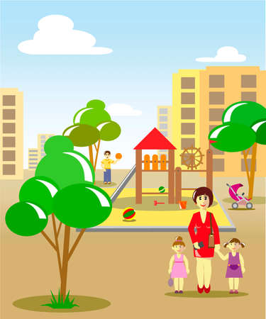 Mom and daughter goes to the playground of the cityのイラスト素材