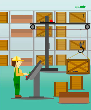 woman working in the warehouse behind the crane control panelのイラスト素材