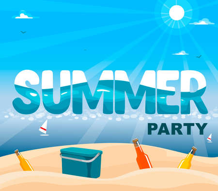 Summer banner with sea and sand, in the sand a cooler and bottles with a drink. Vectorのイラスト素材
