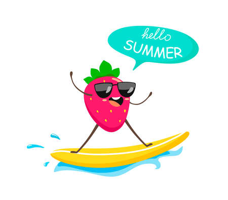 Funny strawberry in cartoon style  on the surf. Vector illustration on white background.のイラスト素材