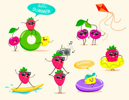 Funny and bright summer holidays. Vector fruit isolates. Summer berriesのイラスト素材