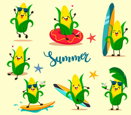 Set of funny summer corn in a cartoon styleのイラスト素材