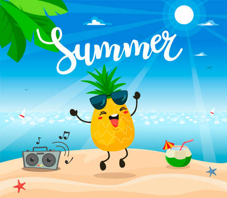 Summer poster design with vector pineapple character.のイラスト素材