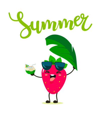 Funny strawberries with a drink in a coconut and handwritten text Summer.のイラスト素材