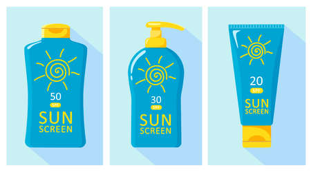 Bottles icons with sunscreen. Vector isolates on a white backgroundのイラスト素材