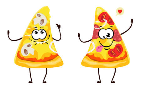 Funny pizza slices in cartoon style. Vector isolates on a white background.のイラスト素材