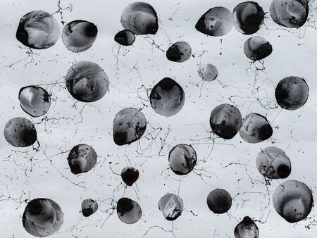 Black bubbles, circles and splashes. Black and white background. Bw. Sprayの写真素材