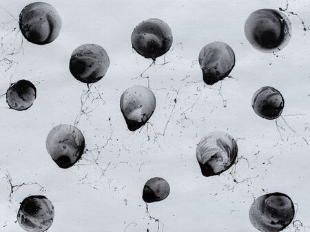 Black bubbles, circles and splashes. Black and white background. Bw. Sprayの写真素材