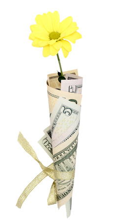 Bouquet of dollars with yellow flower, belted with gold tape on white backgroundの写真素材
