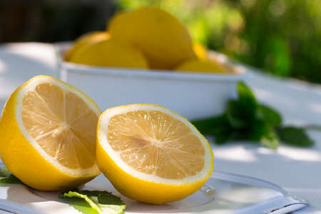 fresh lemon and a sprig of mint on wooden beckgroundの写真素材