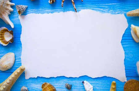 Summer time sea vacation with white blank with copy space, star fish and marine shell. Selective focusの写真素材