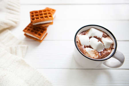 Cup hot chocolate with marshmallows in a ceramic cup on white wooden surface, copy spaseの写真素材