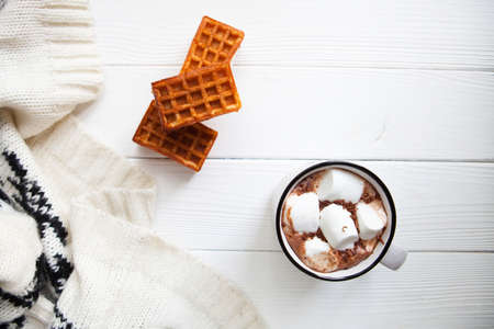 Cup hot chocolate with marshmallows in a ceramic cup on white wooden surface, copy spaseの写真素材