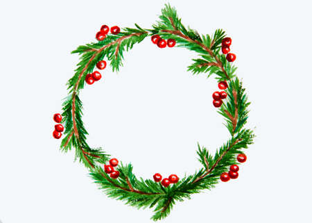 New year and Christmas wreath - fir green tree on white isolated background. Watercolor.の写真素材
