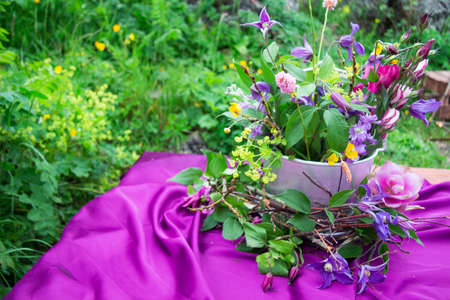 Wedding table setting decorated in rustic style. Wedding inspiration on mountain. Outdoorの写真素材
