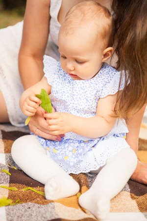 Happy young mother with child spending time outdoor on a summer day, picnic on park. Setの写真素材