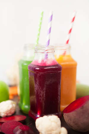 Various Freshly Squeezed Vegetable Juices for Detox Diet, selective focusの写真素材