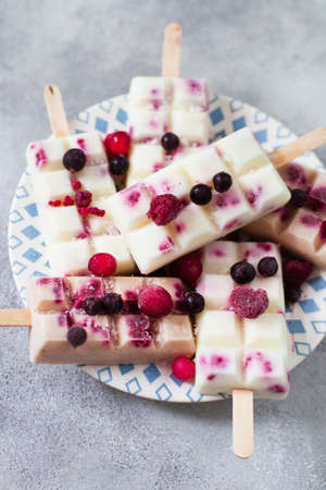 Summer fruits and berry homemade lolly pops ice cream. Group of homemade popsicles on a concrete...