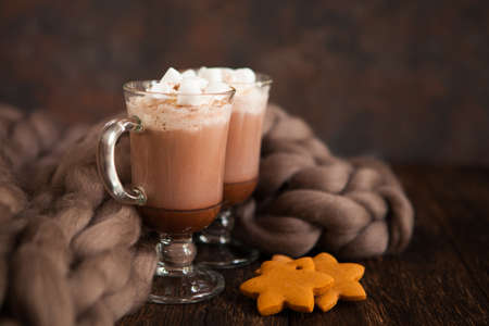 Two glasses with Cocoa, coffee with marshmallows and homemade cookies on dark wooden background with Cozy plaid from merinose wool. Winter, New Year, Christmas still life.の写真素材
