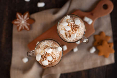 Two glasses with Hot chocolate garnished with whipped cream, marsmallow and cocoa powder. Winter and autumn time. Christmas drinkの写真素材