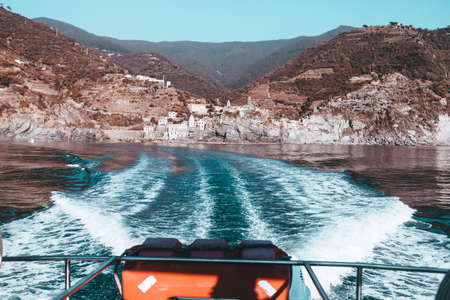 Sea and mountain views from the yacht. Cinque Terre, Italy, Ligurian Sea, summertime