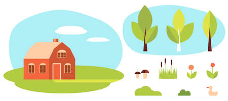 set of rural house and rural natureのイラスト素材