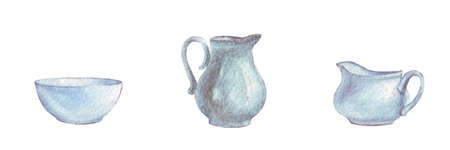 White porcelain vinage tableware watercolorの写真素材