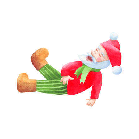Watercolor Santa Claus in green pants lies and laughsの写真素材