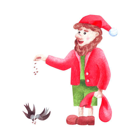 Santa Clauss adult helper with beard and bag takes Care of Birdsの写真素材