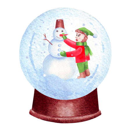 Little Christmas Gnome puts Carrot nose to Sowman. Composition in Snow Globeの写真素材