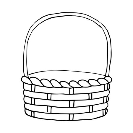 Easter line art black and white empty Wicker basket for eggs, fruits, vegetables, berries, mushrooms harvest, garden, vegetable garden, farm.のイラスト素材