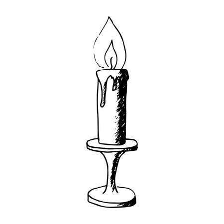 Burning candle on candlestick black and white line art. Vector Isolated on white background. For invitention, postcard, coloring bookのイラスト素材