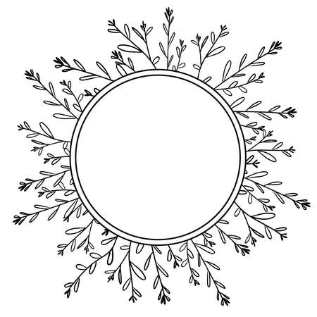 Round frame branch with leaves vector line art Floral illustration on white background. Isolated vector illustration. Vector drawing. Decorative symbol. Elegant abstract background. Drawing style.のイラスト素材