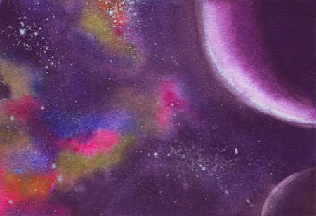 Watercolour Space Background, Planets closeup. Fantasy image with colorful watercolour space on deep light background for decoration design. International Day of Human Space Flight. Colorful Abstract background. Planet earth. Art element.の写真素材