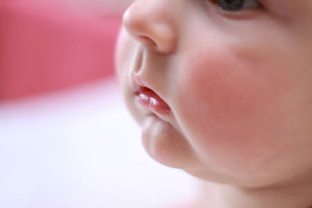 face of a little newborn boy close-up cheeks round faceの写真素材