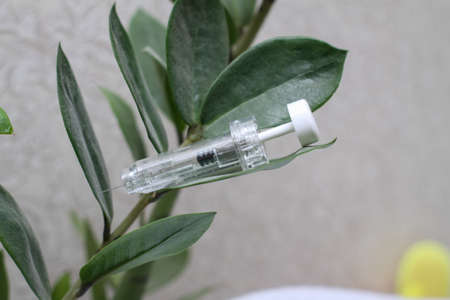 syringe in flowers. Cosmetological procedures. Injections, injections. Diseases, treatment, medicine, vaccine.の写真素材