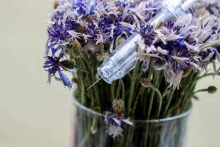 syringe in flowers. Cosmetological procedures. Injections, injections. Diseases, treatment, medicine, vaccine.の写真素材