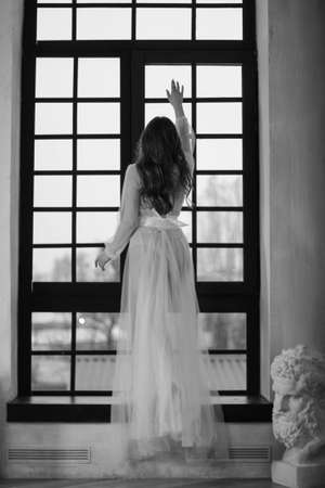 young gentle sexy girl with long hair on the background of a panoramic window.の写真素材