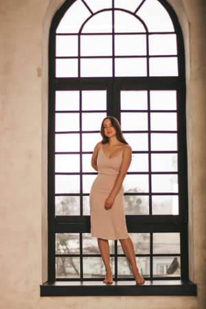 young gentle sexy girl with long hair on the background of a panoramic window.の写真素材