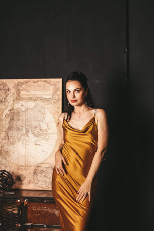 sexy woman in silk combination dress. body curves, tenderness.の写真素材