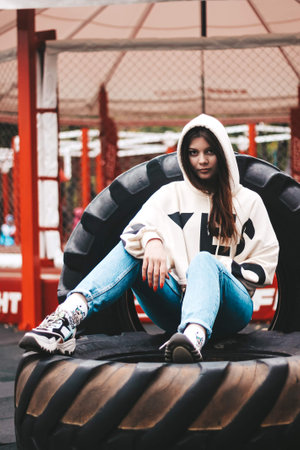 girl doing street sports. wheel rolling, sports, healthy lifestyle, strong woman.の写真素材