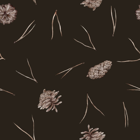 Pattern with pine cone and needle. Botanical natural forest theme. Watercolor isolated illustration on black background. Seamless pattern, an illustration for postcards, posters, textile design.の写真素材