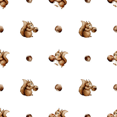 Cute seamless pattern with watercolor squirrel forest animals and hazelnut. Cute children pattern. Perfect for background paper or textiles.の写真素材