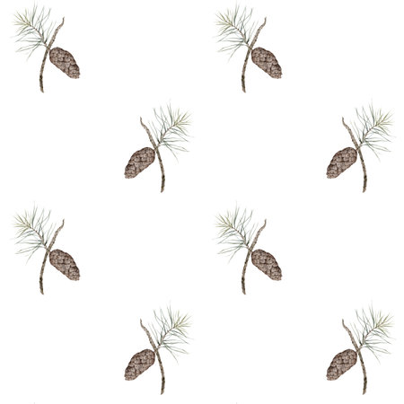 Pattern with pine cone and branch. Botanical natural forest theme. Watercolor isolated illustration...